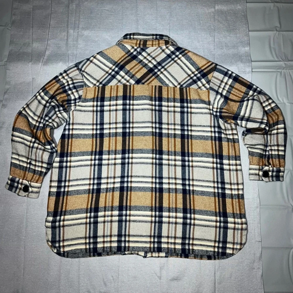 NWT Lucky Brand Plaid Shirt Jacket Shacket Tan‎ Navy Blue Mens Large 7WD3349